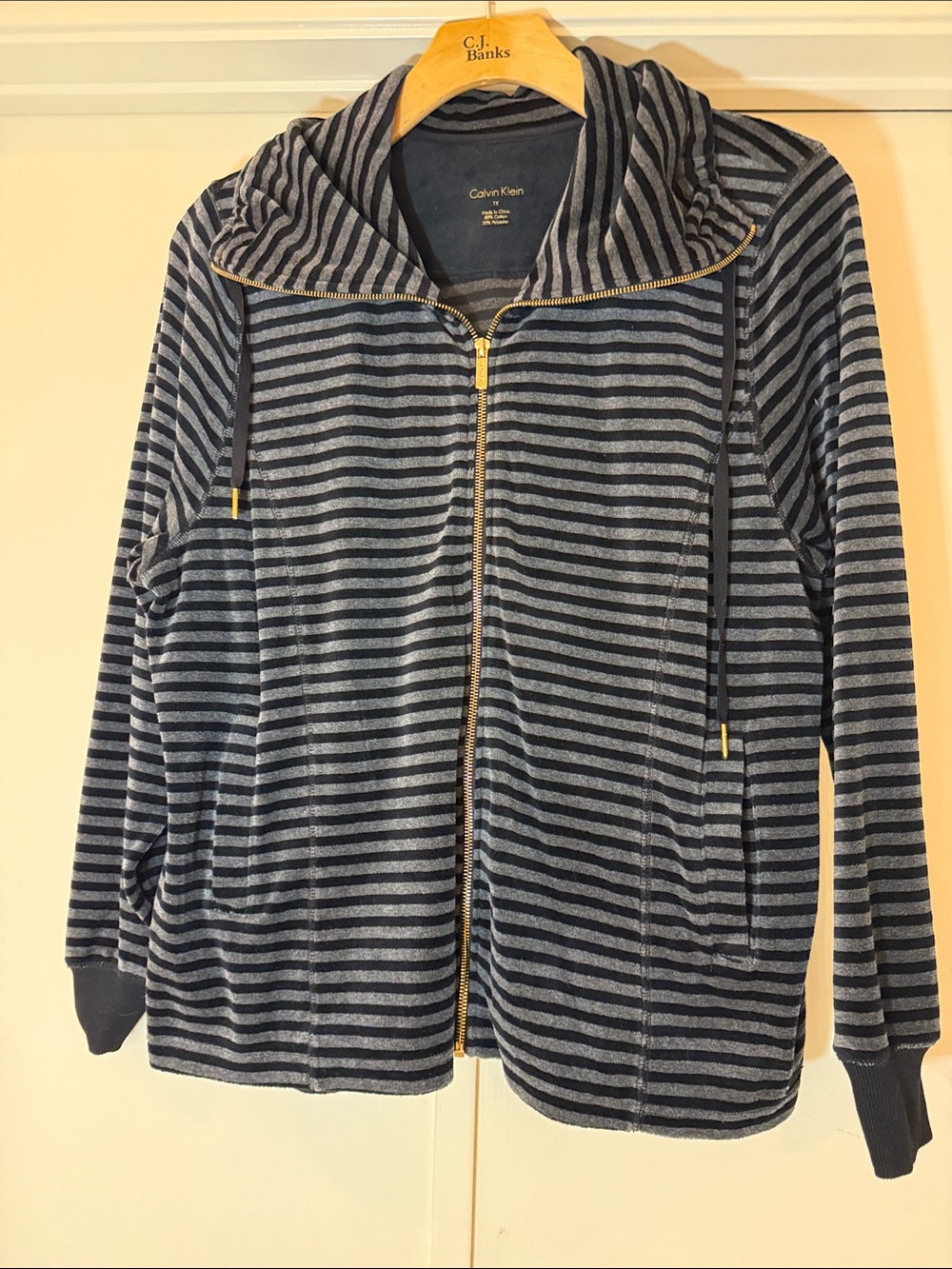 Calvin Klein Black & Gray Striped Zip-Front Hoodie with Gold Accents